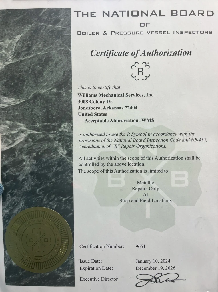 Certificate of Authorization by The National Board of Boiler & Pressure Vessel Inspectors
